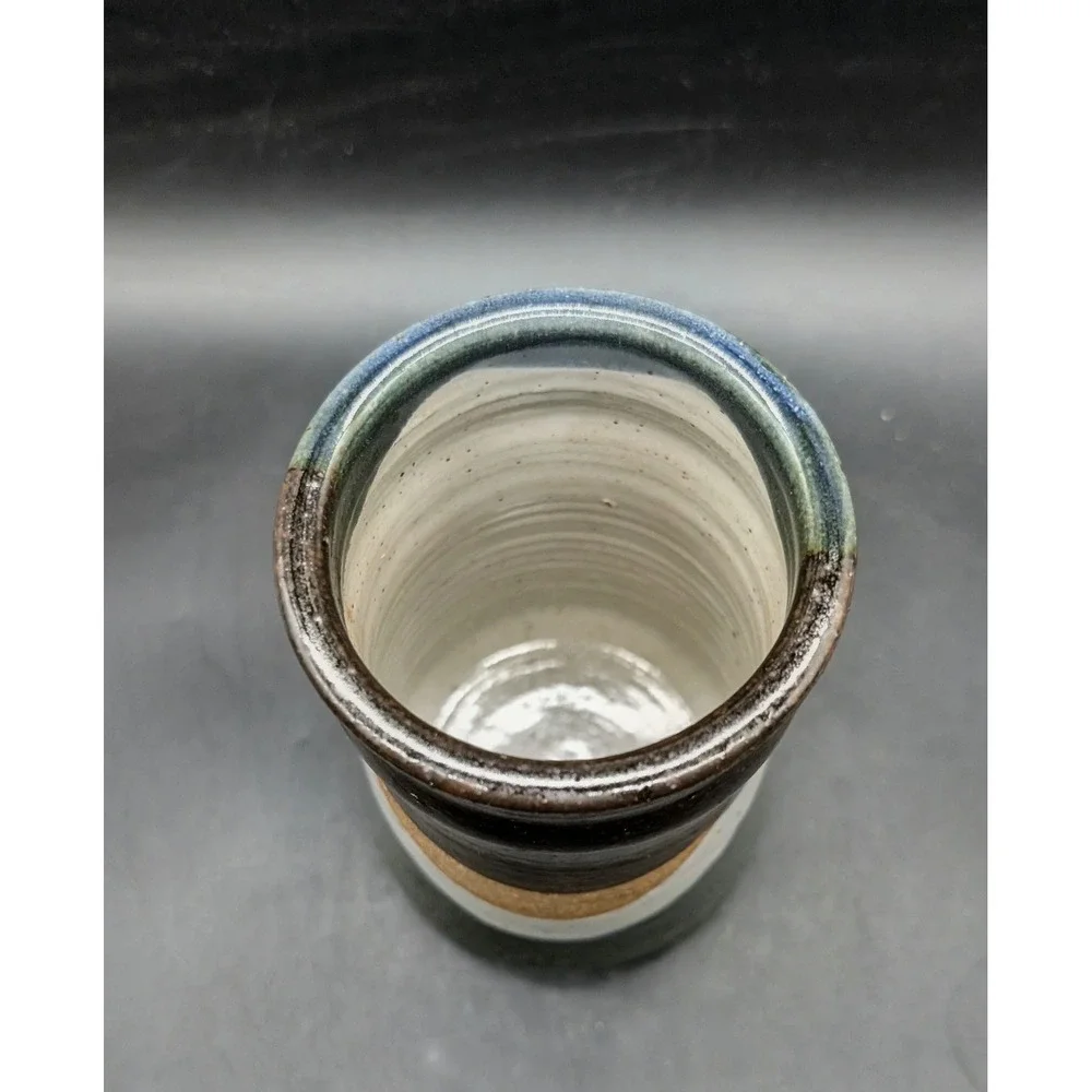 Studio Pottery Vase Abstract Multi Glaze Stoneware Vessel Signed 5.5